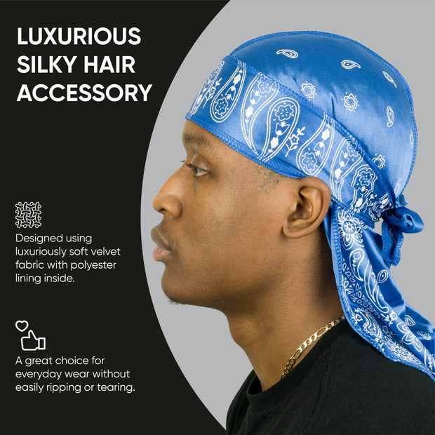 Roman-T Premium Silky Satin Durag - Headwrap with Long & Wide Tails - Blue Paisley