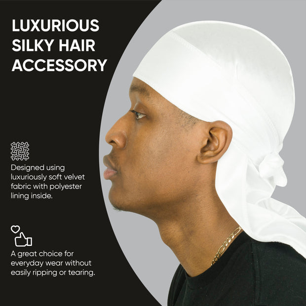 Roman-T Premium Silky Satin Durag - Headwrap with Long & Wide Tails - White