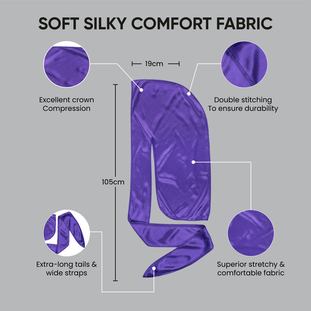 Roman-T Premium Silky Satin Durag - Headwrap - Long, Wide Tails (Purple)