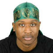 Roman-T Premium Silky Satin Durag - Headwrap with Long & Wide Tails - Green Paisley