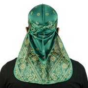Roman-T Premium Silky Satin Durag - Headwrap with Long & Wide Tails - Green Paisley