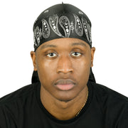 Roman-T Premium Silky Satin Durag - Headwrap with Long & Wide Tails - Black Paisley