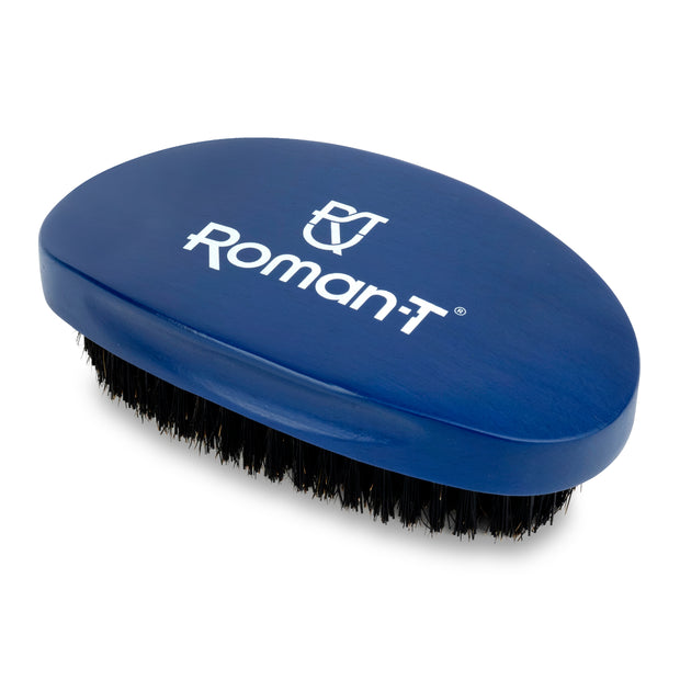Roman-T Medium–Hard 360 Wave Brush With Reinforced Nylon and Boar Bristles - Curved Wave Brush with Wooden Base (Blue)